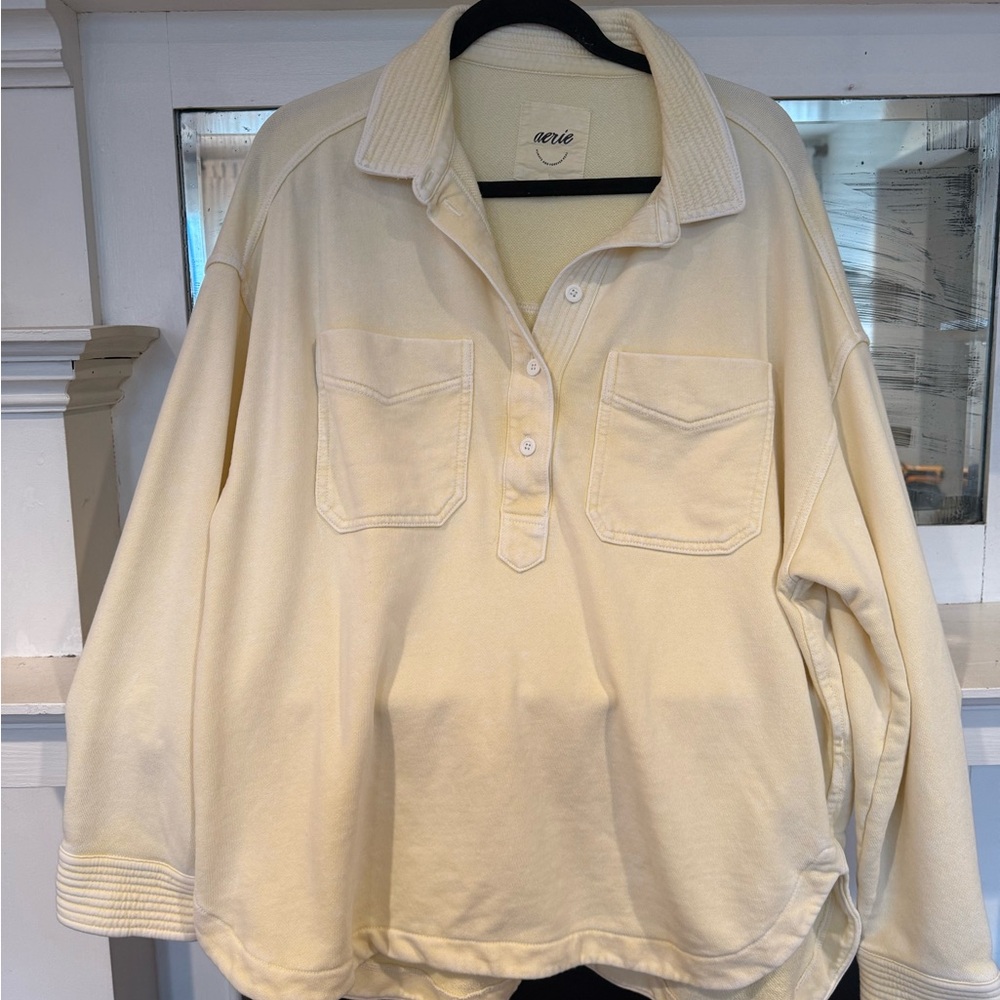 Aerie Butter Yellow Popover Polo Sweatshirt Button-Up Pullover